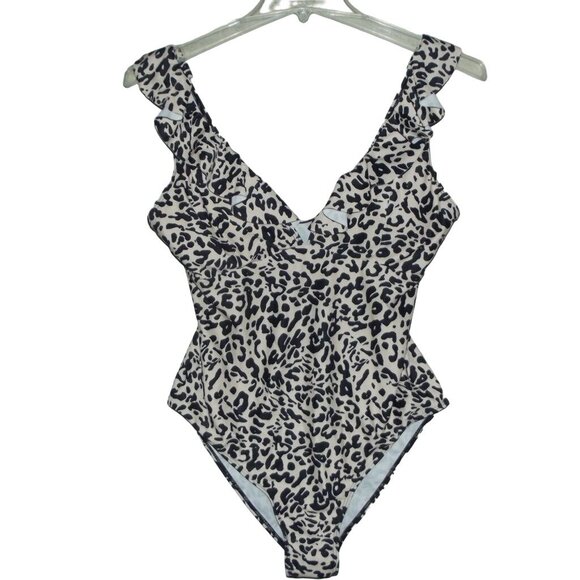 Swimsuit Size Large animal print  Black Beige One piece Swim Suit v-neck ruffle - Picture 1 of 14